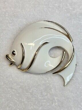 Vintage White Enamel and Gold-tone Fish Brooch / Pin